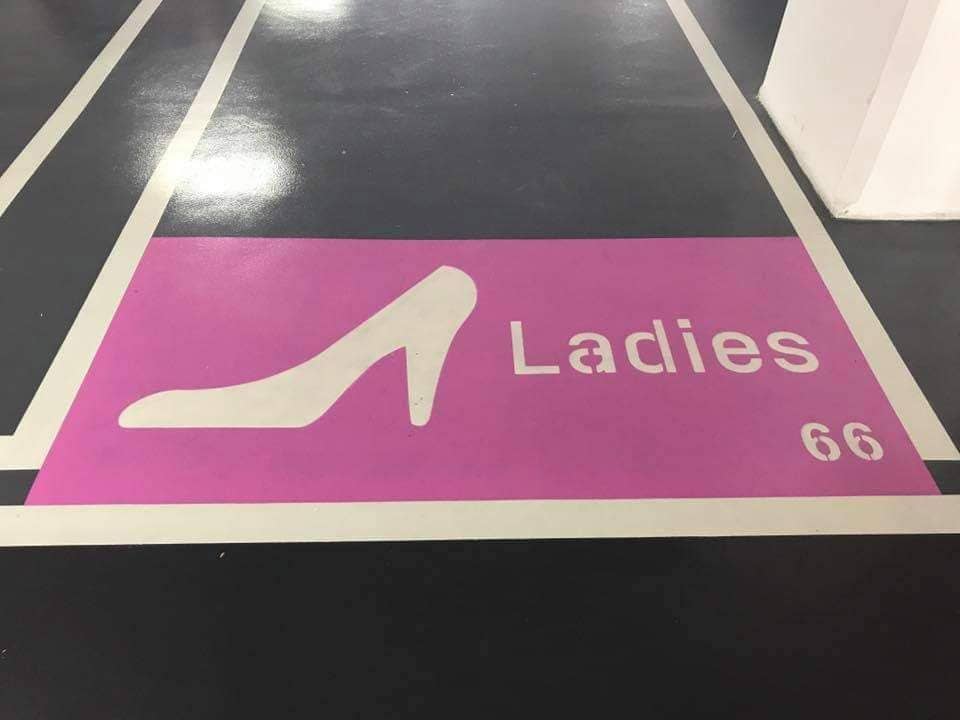 Ladies parking bay stencil marking: epoxy with bay marking, pink/grey